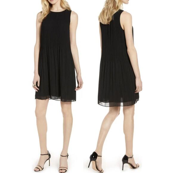 Halogen Womens Organza Shift Dress XS Black Sleeveless Pleated Keyhole Mini NWT - Picture 1 of 9